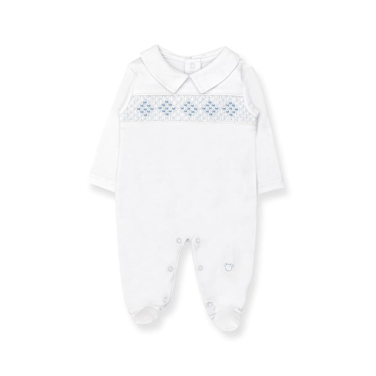 White & Blue Hand Smocked Pima Playsuit