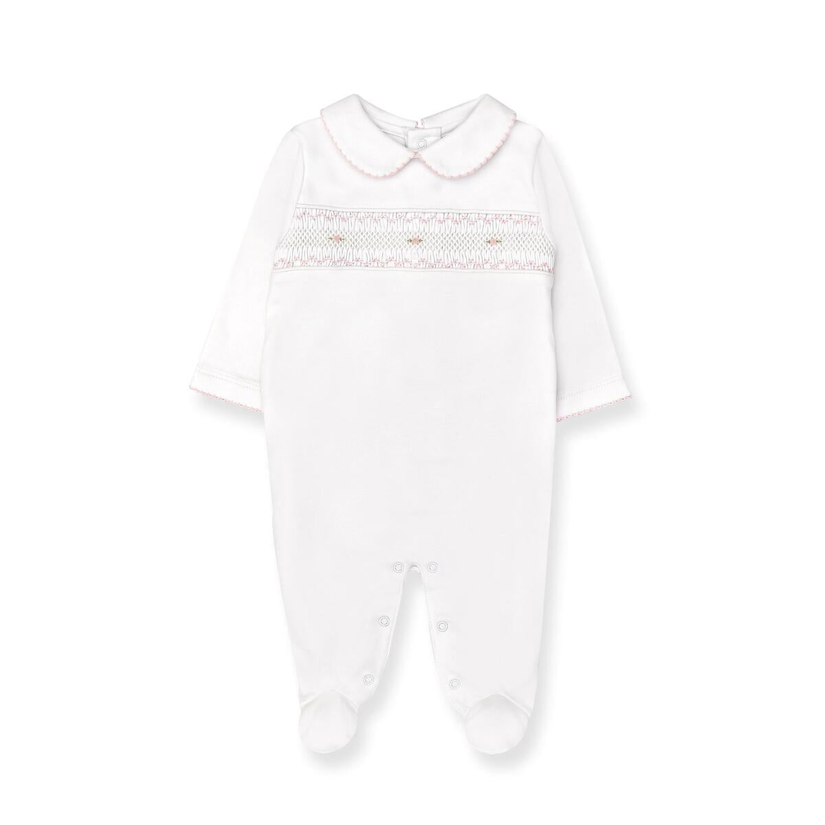 White & Pink Hand Smocked Pima Playsuit