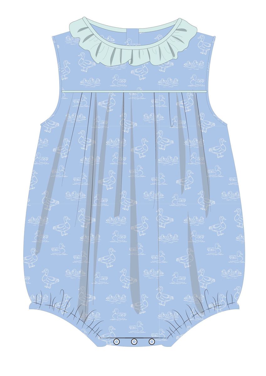 Allie Blue Ducks Print Ruffle Collar Bubble