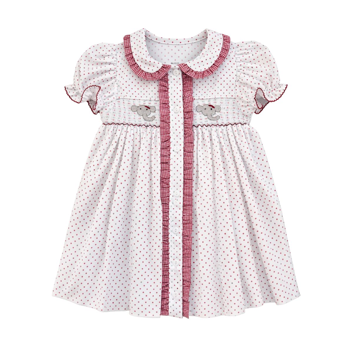 Crimson Bitty Dot Elephant Ruby Smocked Dress