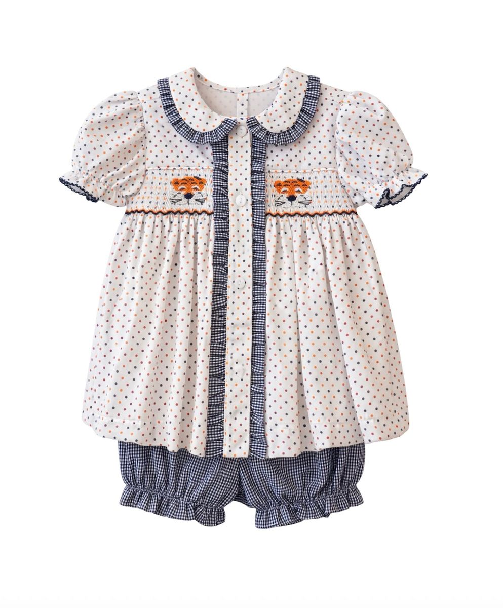 Orange/Navy Bitty Dot Tiger Ruby Smocked Bloomer Set