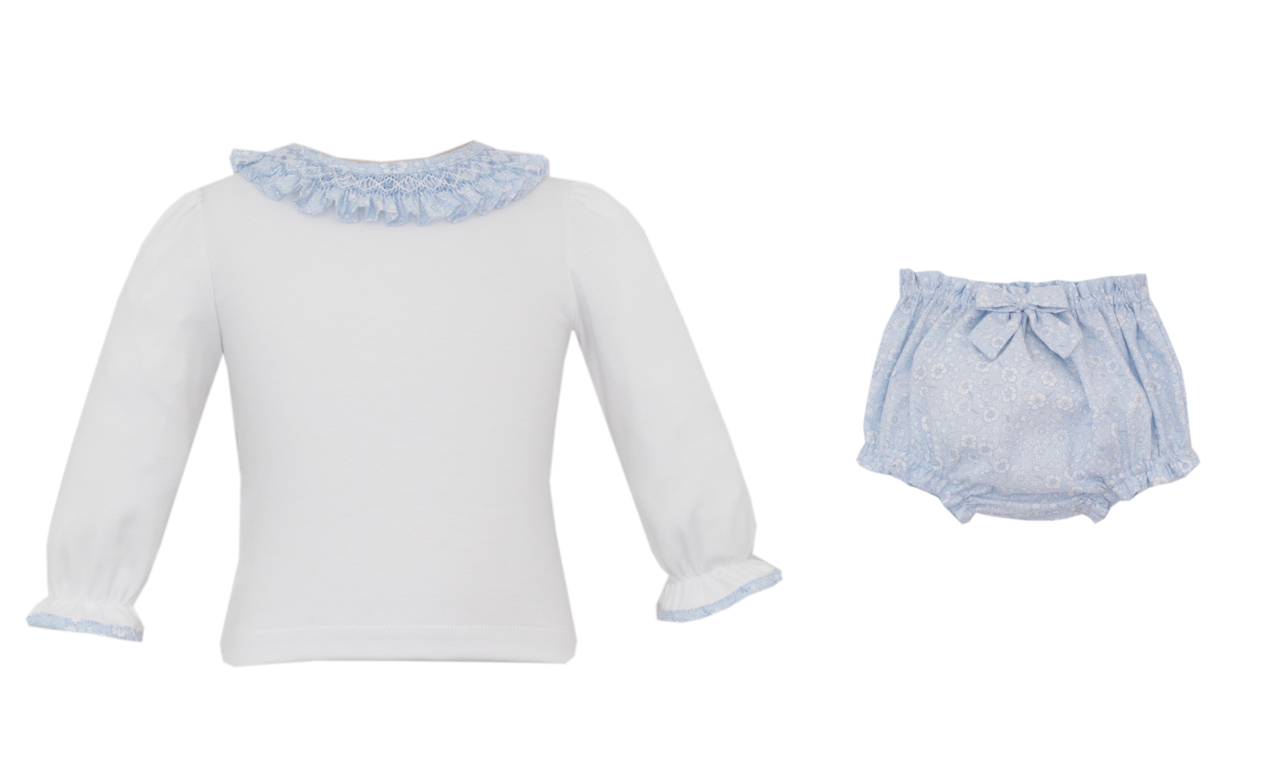Blue Floral Smocked LS Bloomer Set