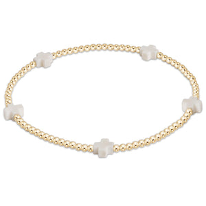 E Newton Signature Cross Small Gold Pattern 2mm Bead Bracelet-Off White