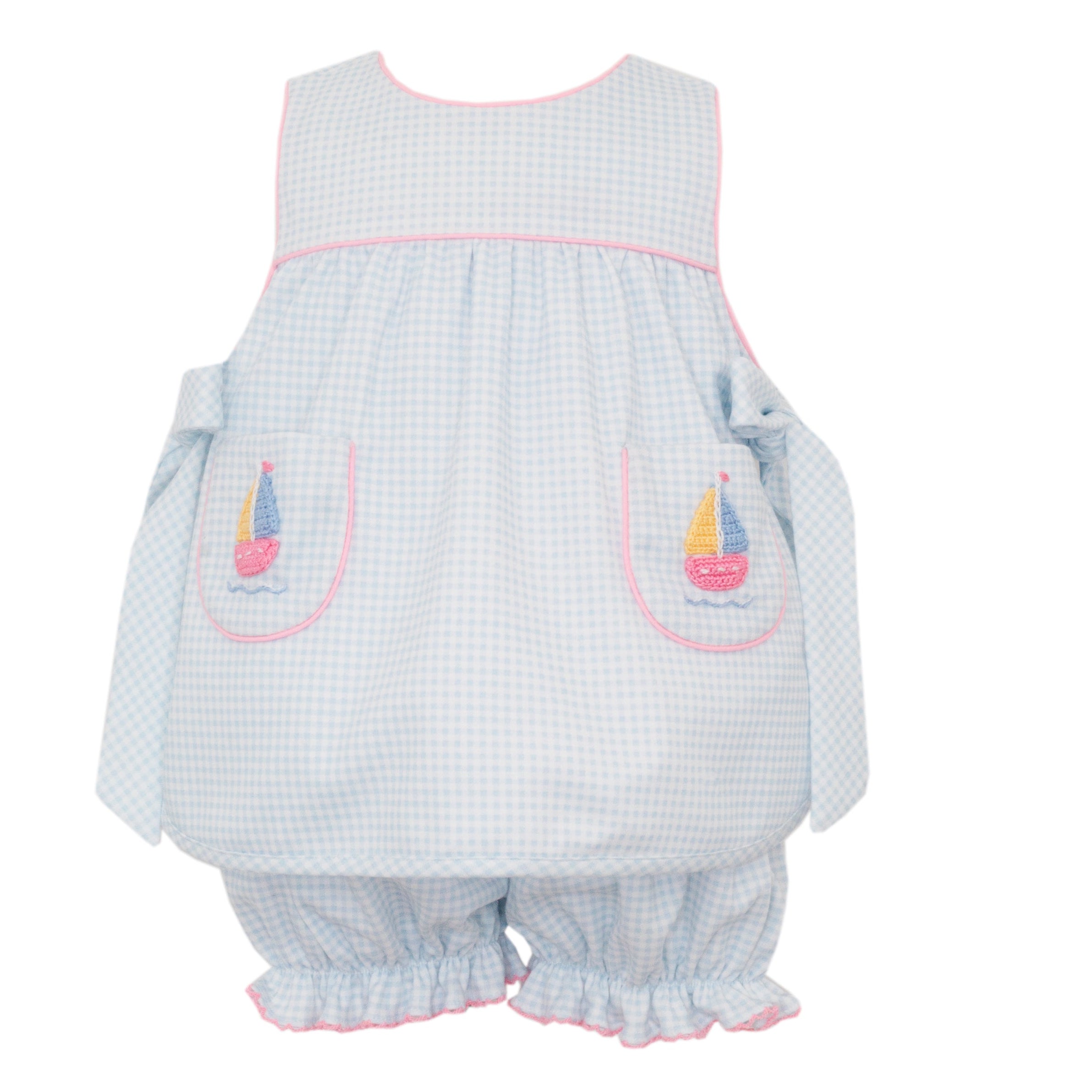 Girl Lt Blue Gingham Sailboats Sleeveless Bloomer Set