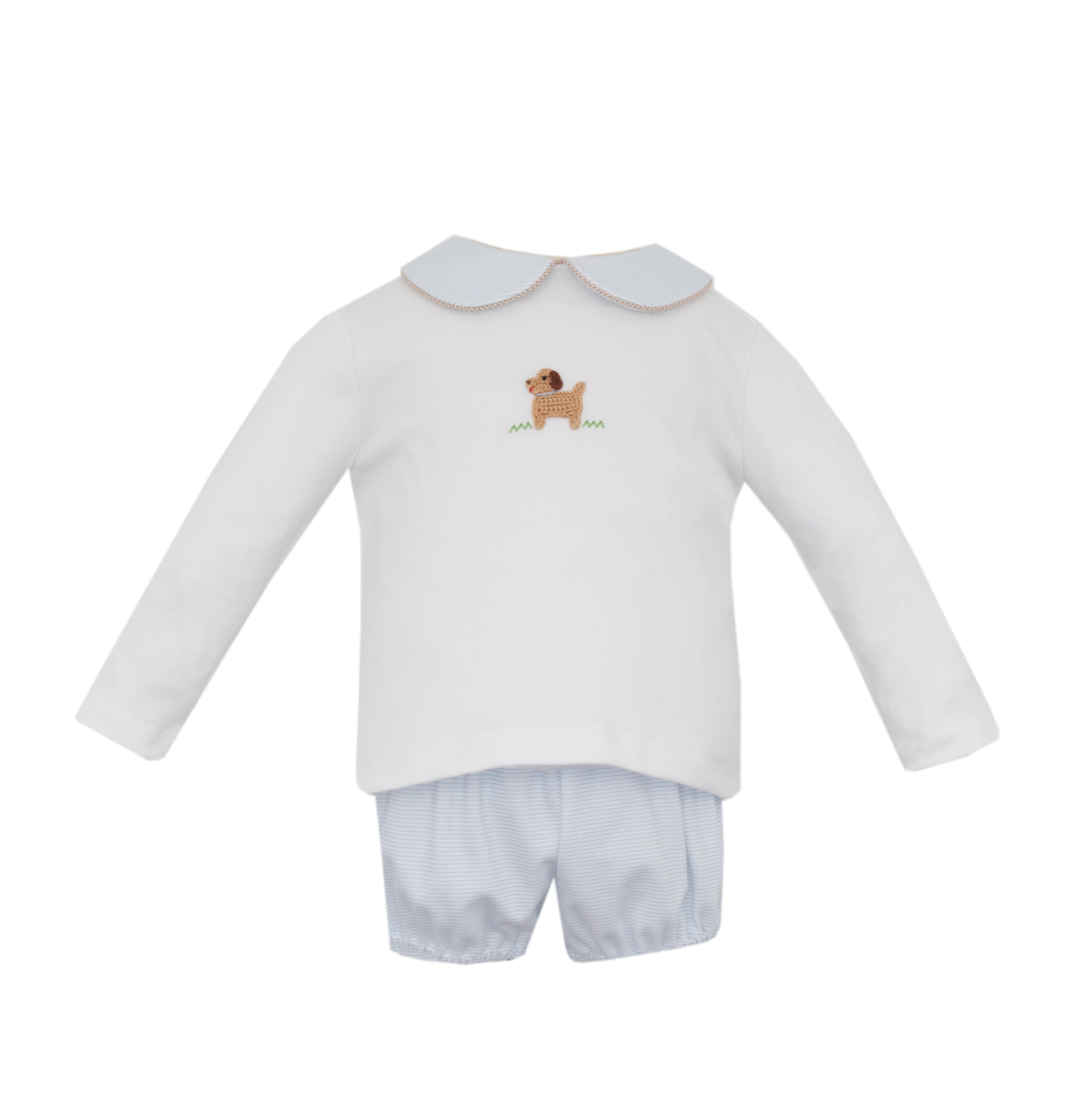 Lt Blue Stripe Knit Puppies LS Diaper Set
