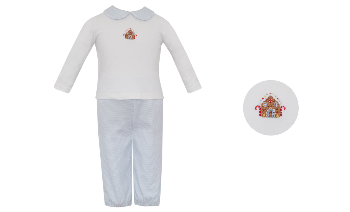 Light Blue Knit Stripe Boys LS Gingerbread Pants Set