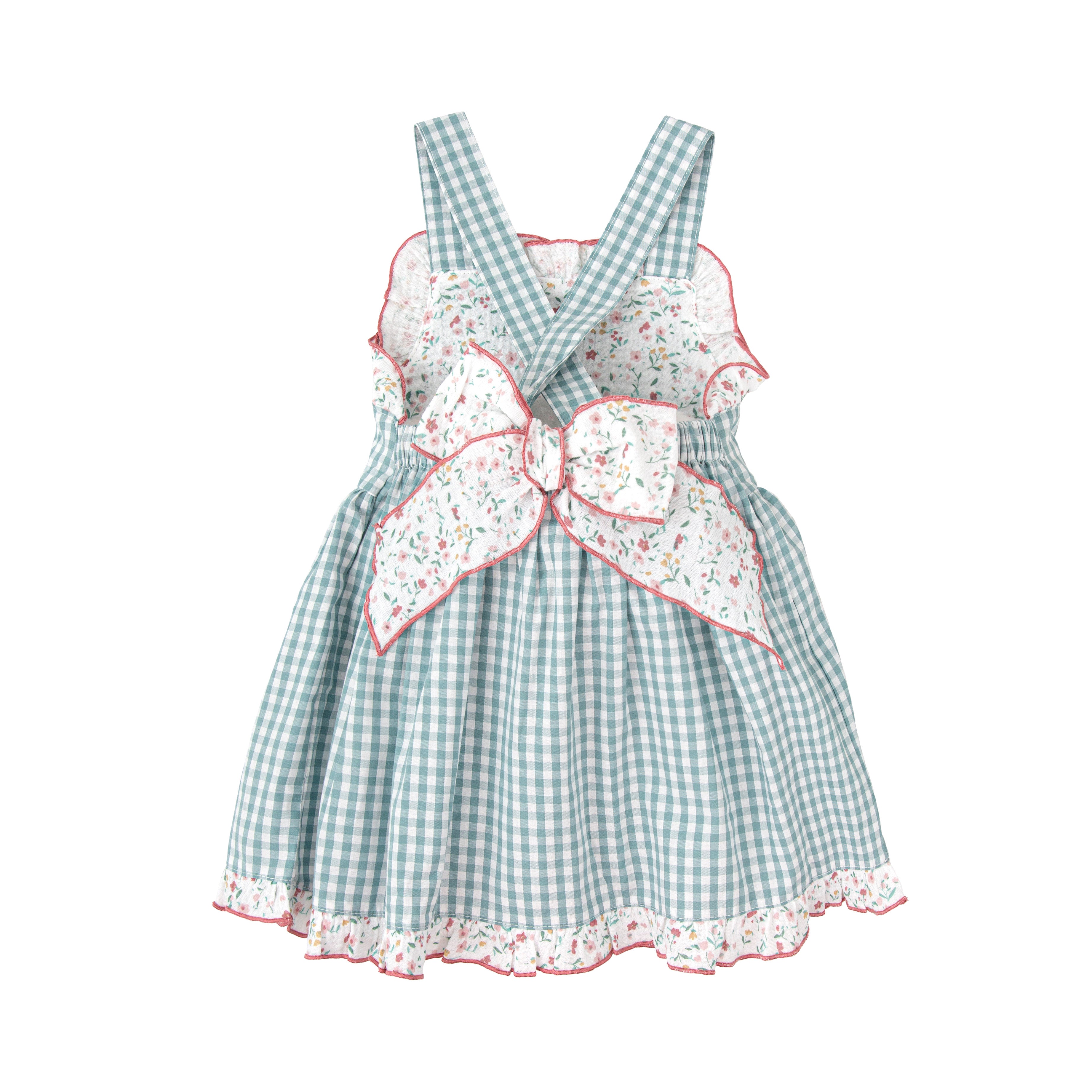 Green Gingham Strappy Dress with Floral Trim (Toddler)
