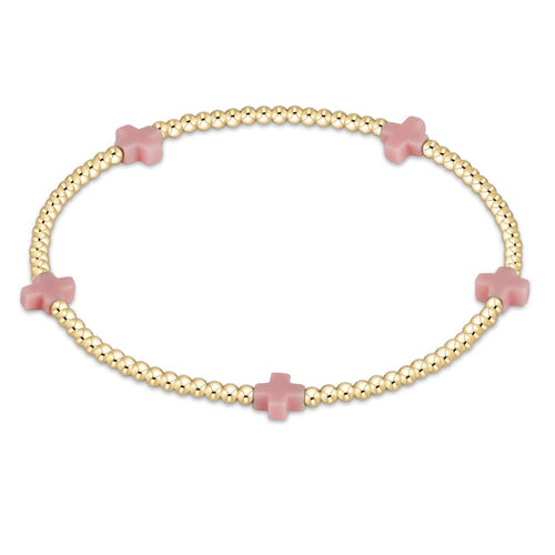 E Newton Signature Cross Small Gold Pattern 2mm Bead Bracelet-Pink