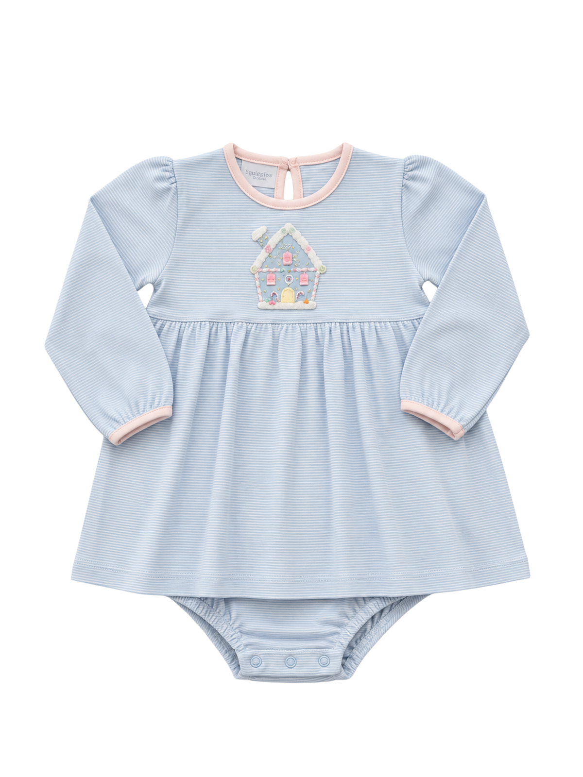 Blue Stripe Gingerbread House LS Onesie Dress