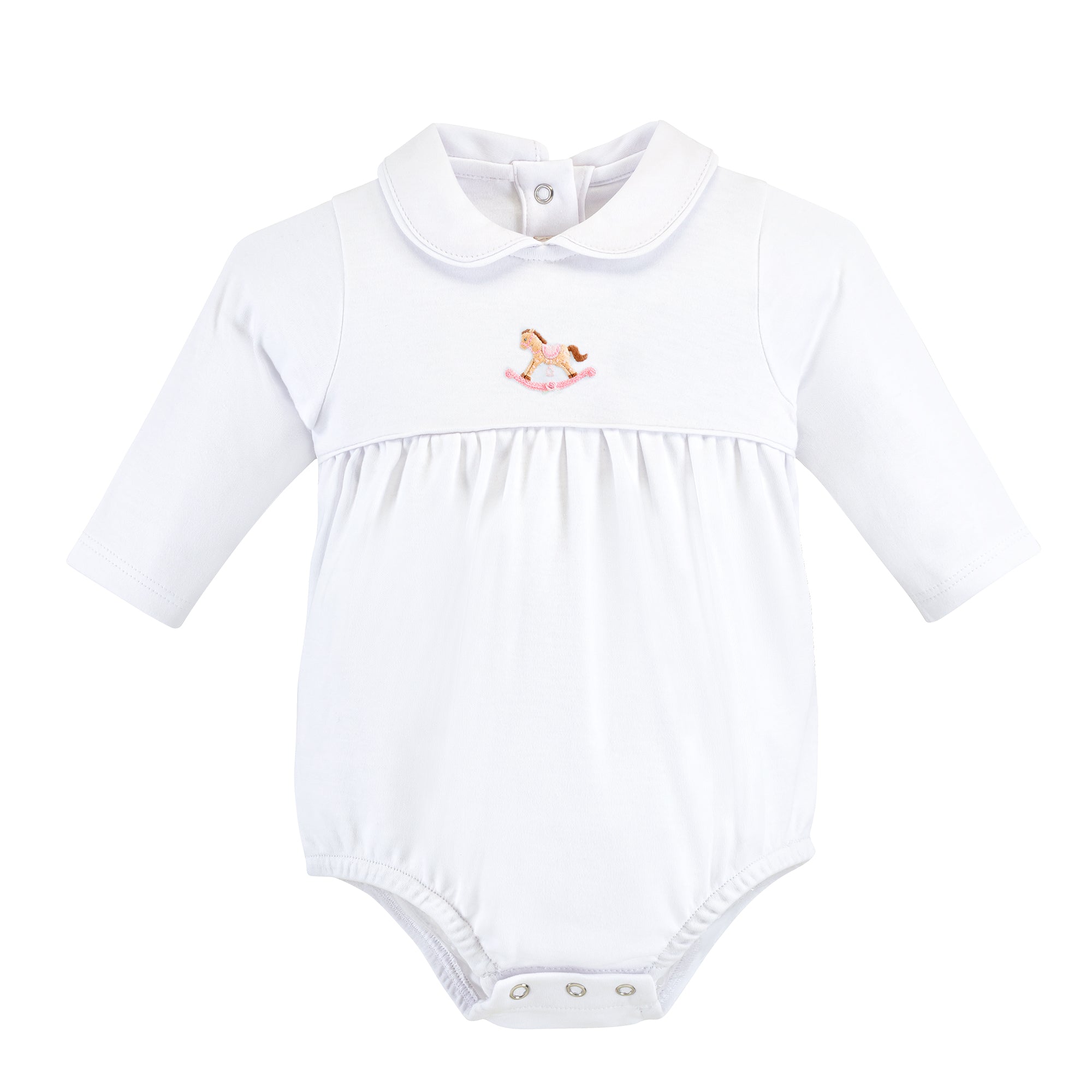 Pink Cute Rocking Horse Embroidered Bubble w/ Round Collar