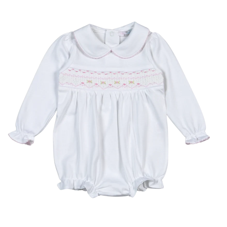 Sally White/Pink Hand Smocked Pima Long Sleeve Bubble