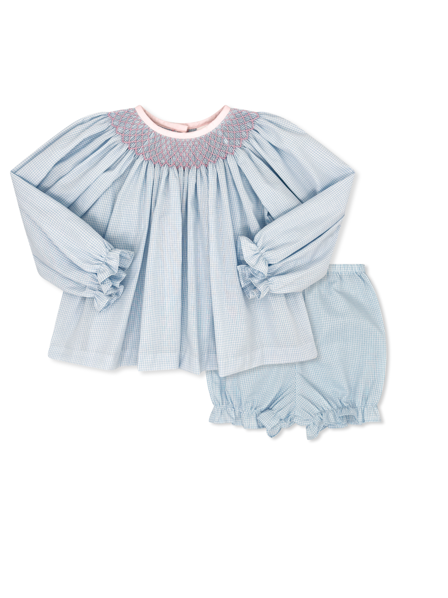 Betsy Bloomer Set Long Sleeve - Baker Blue Minigingham w Pink Smocking (Toddler)