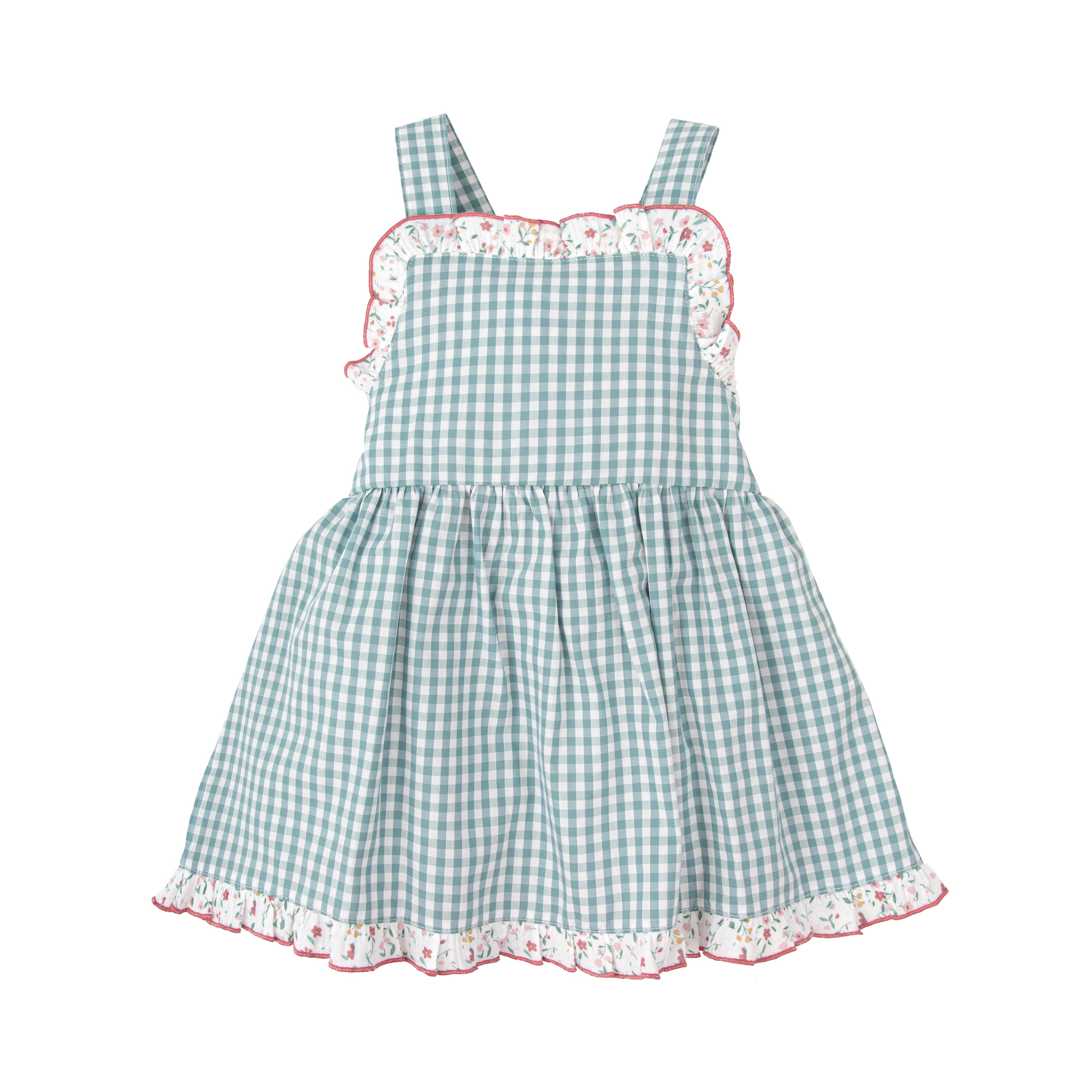 Green Gingham Strappy Dress with Floral Trim (Toddler)