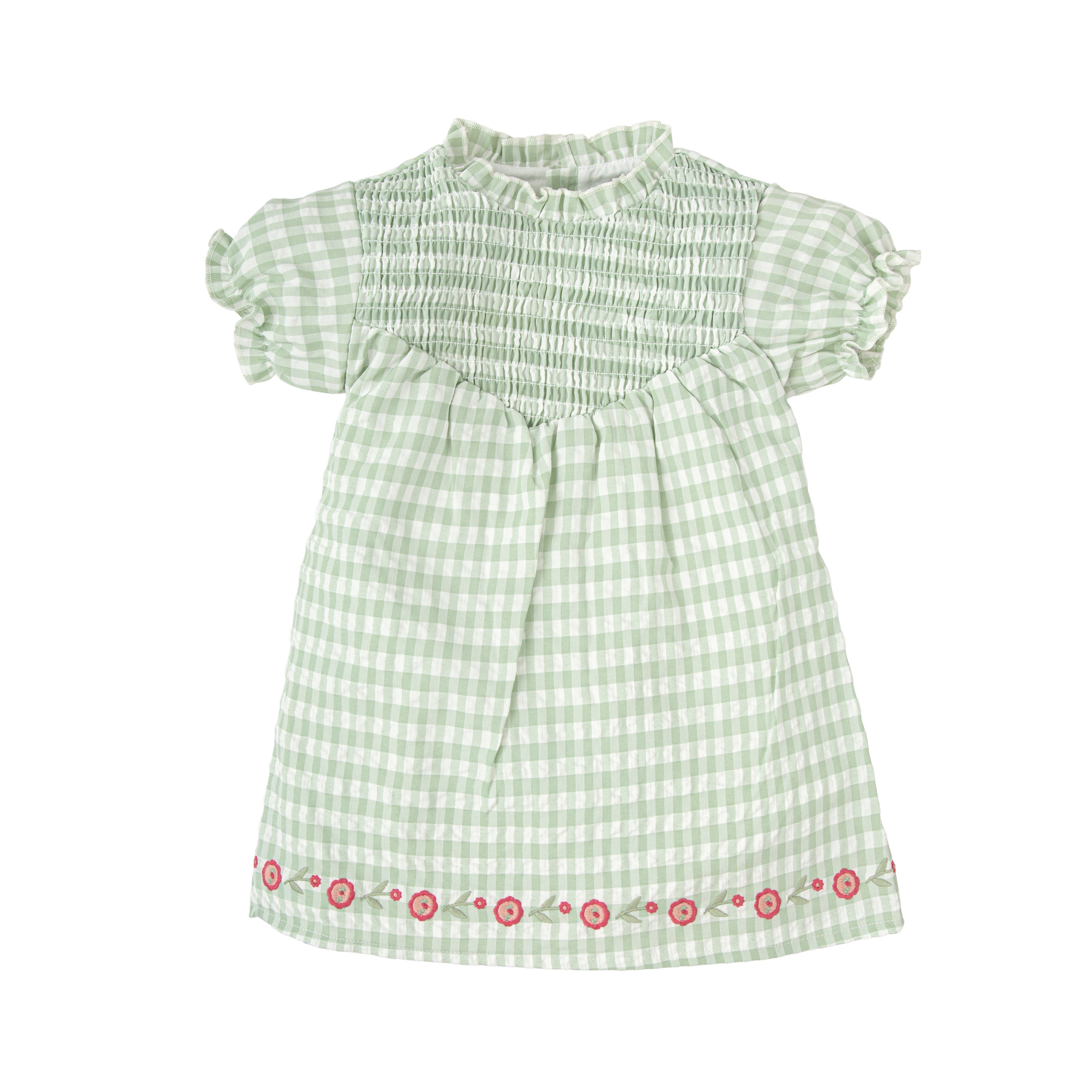 Green Gingham Dress with Bottom Floral Embroidery (Kid)