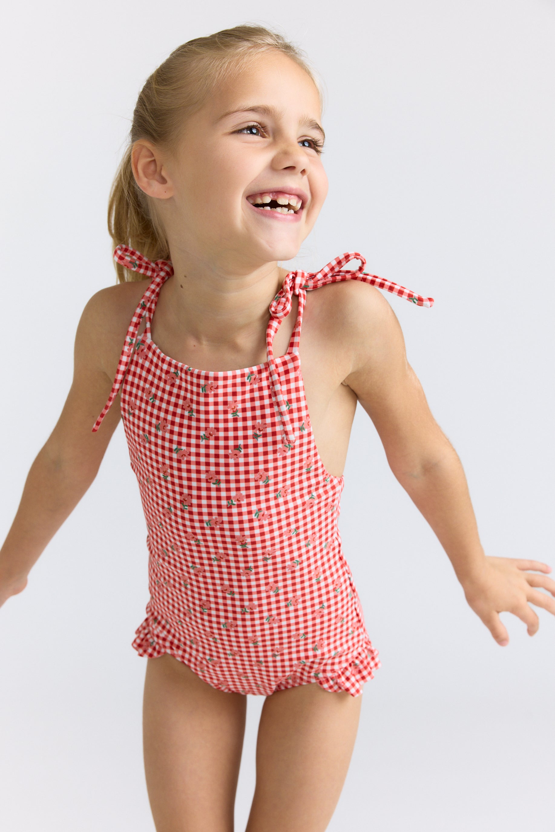 Girls Floral Gingham Front Tie Strap Halter One Piece