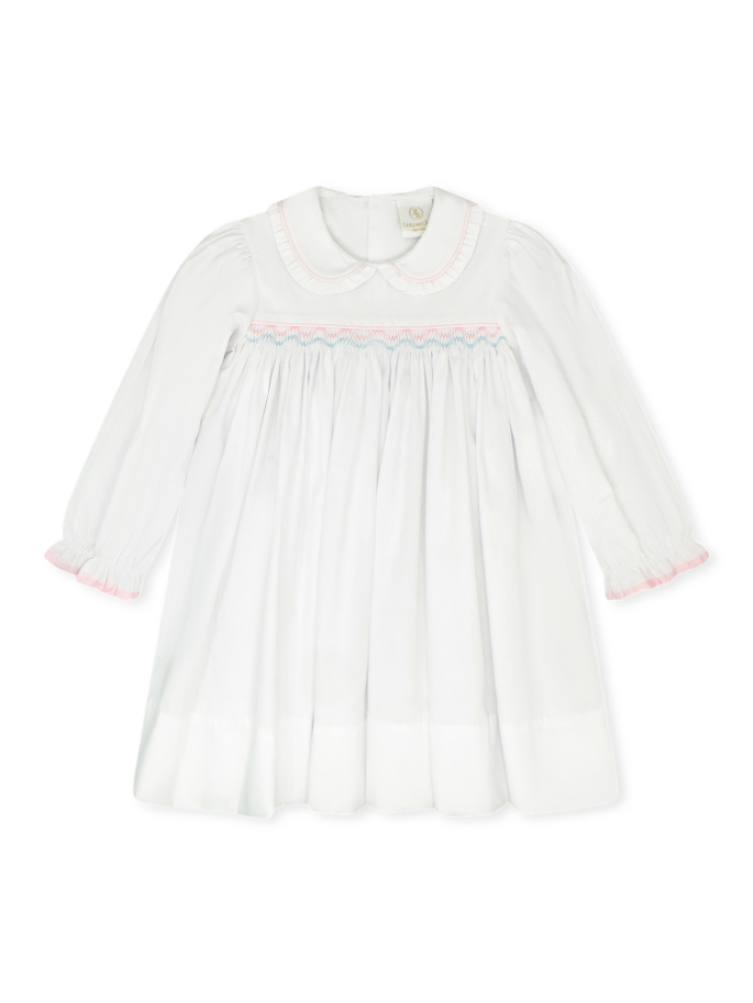 Willow White Pique w/ Pink & Blue Smocking Michelle Dress