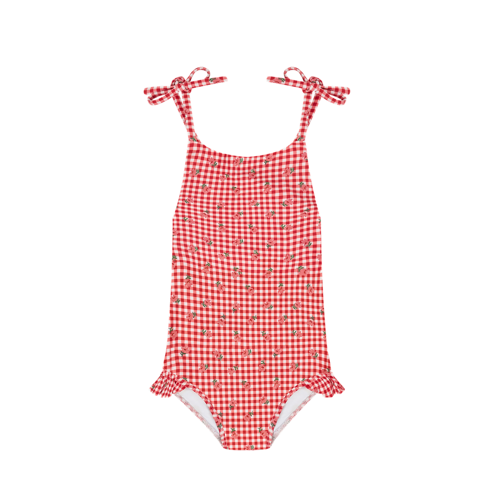 Girls Floral Gingham Front Tie Strap Halter One Piece