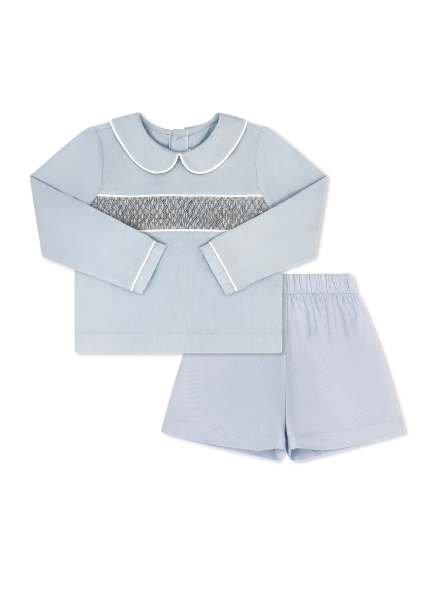 Liam Short Set - Princeton Blue Cord w Khaki Smocking (Kid)