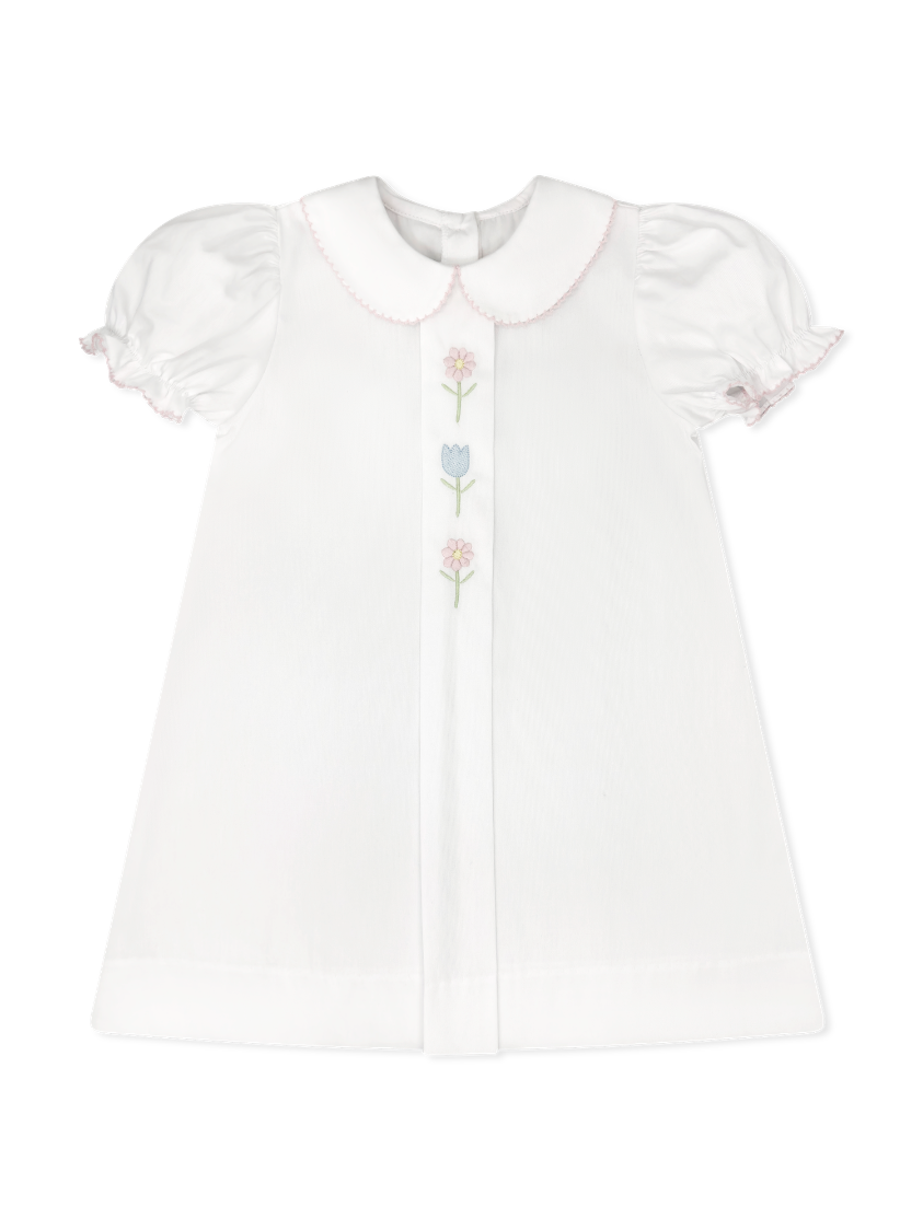 Classic White Pique w/ Pink Piping and Floral Emb Bluebonnet Dress