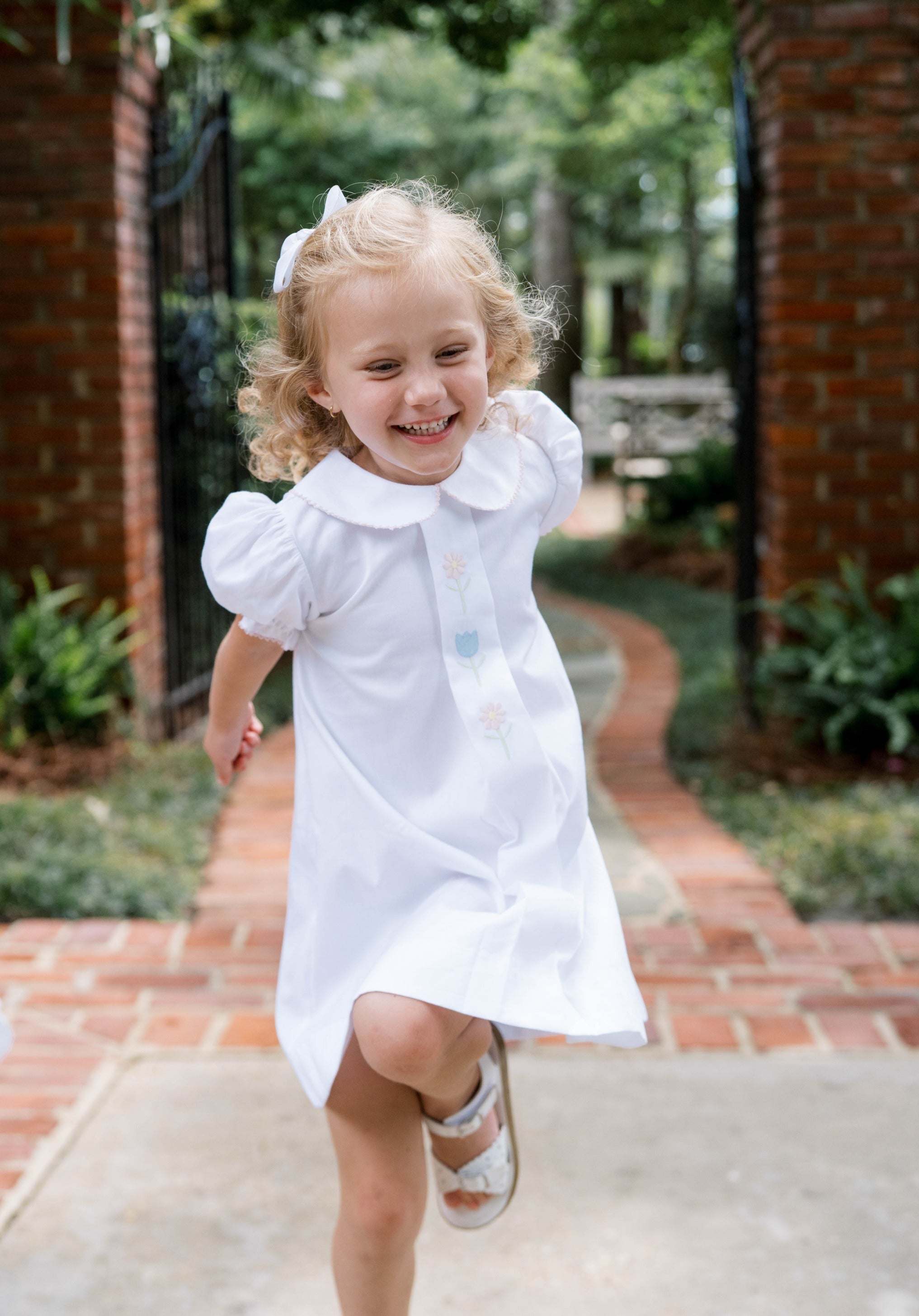 Classic White Pique w/ Pink Piping and Floral Emb Bluebonnet Dress