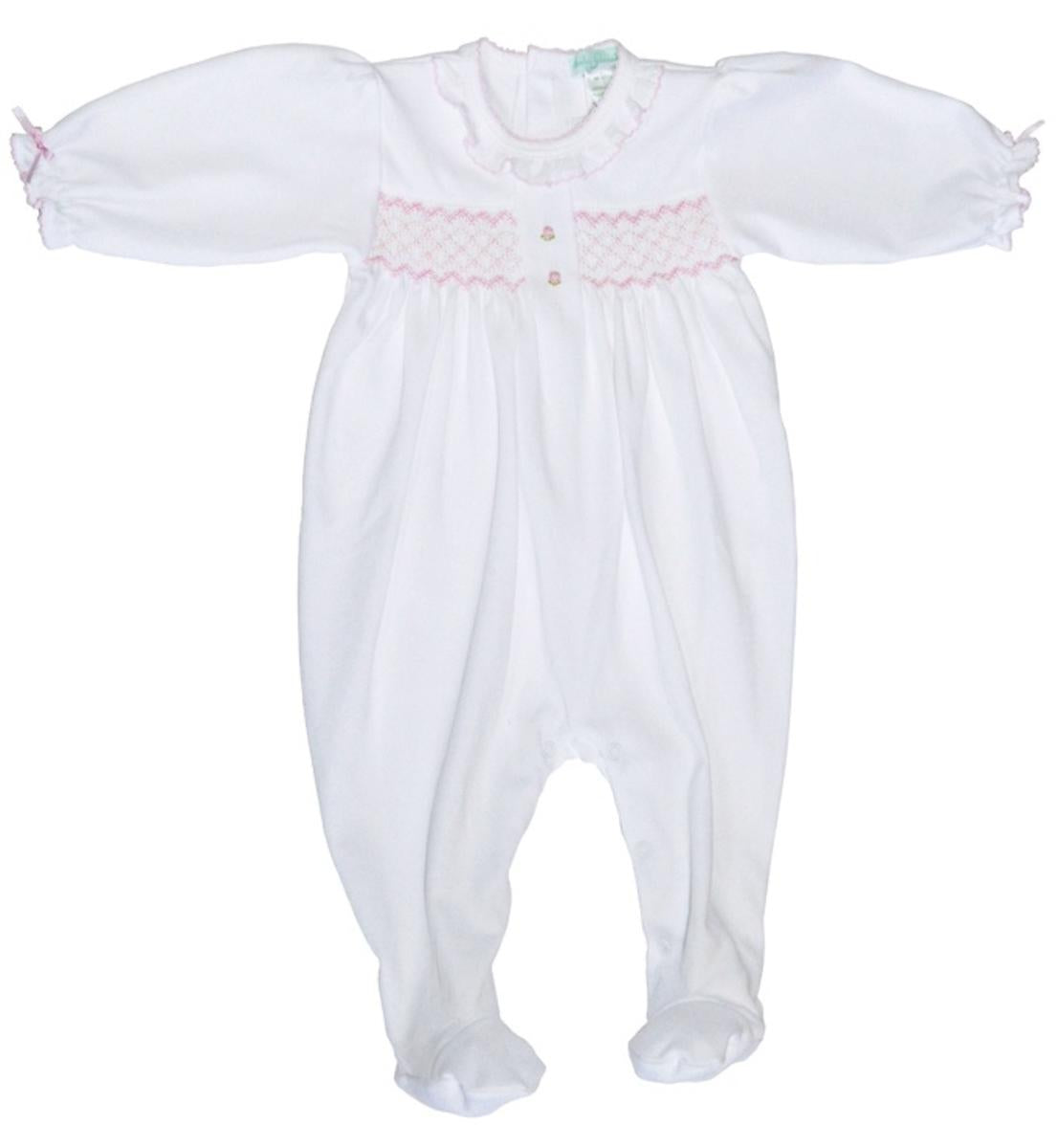 White Pima Romper, w/ Pink Smocked Roses
