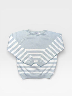 White/Light Blue Striped Crew Neck