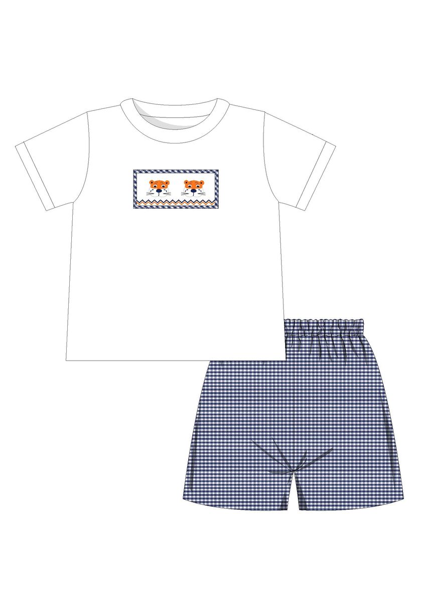 Orange/Navy Gingham Tiger Ollie Smocked Short Set