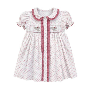 Crimson Bitty Dot Elephant Ruby Smocked Dress