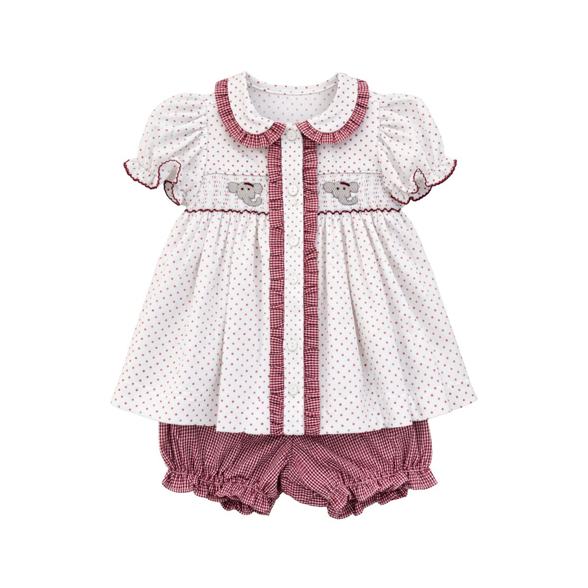 Crimson Bitty Dot Elephant Ruby Smocked Bloomer Set