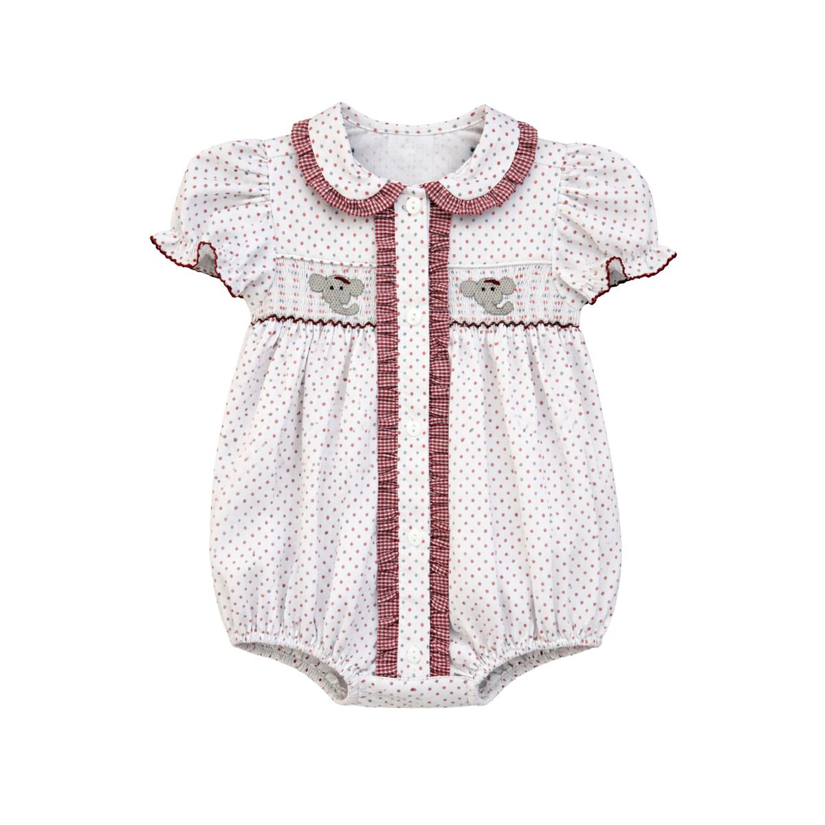 Crimson Bitty Dot Elephant Ruby Smocked Bubble