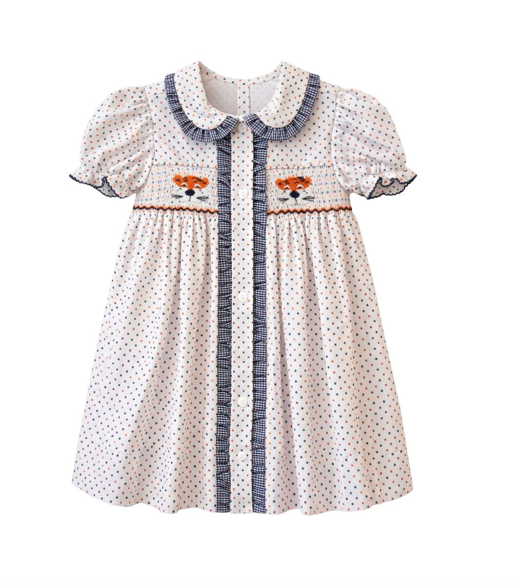 Orange/Navy Bitty Dot Tiger Ruby Smocked Dress