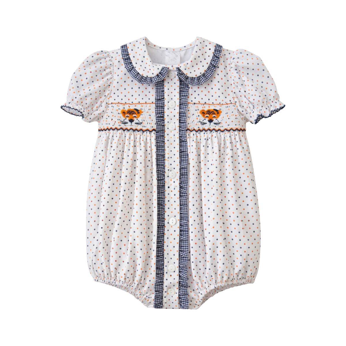 Orange/Navy Bitty Dot Tiger Ruby Smocked Bubble