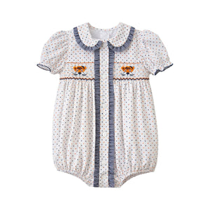 Orange/Navy Bitty Dot Tiger Ruby Smocked Bubble