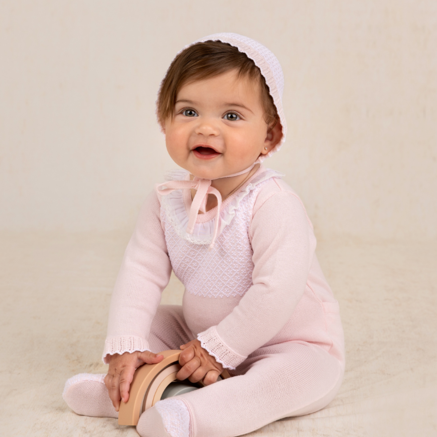 Girls Jacquard Ruffled Knit Romper & Bonnet