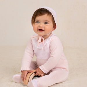 Girls Jacquard Ruffled Knit Romper & Bonnet