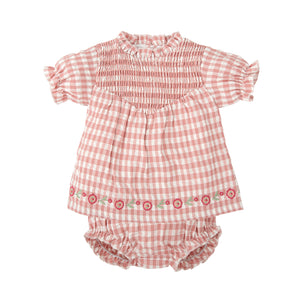 Pink Gingham Set with Bottom Floral Embroidery (Infant)