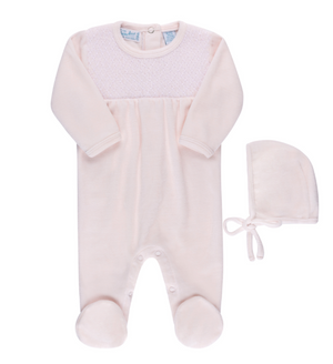 Pink Hand Smocked Velour Romper with Hat