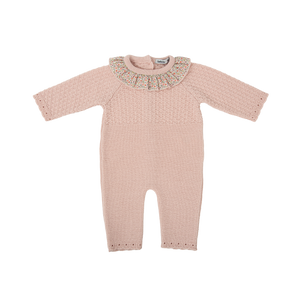 Light Pink Knit Floral Collar Romper w/ Bonnet