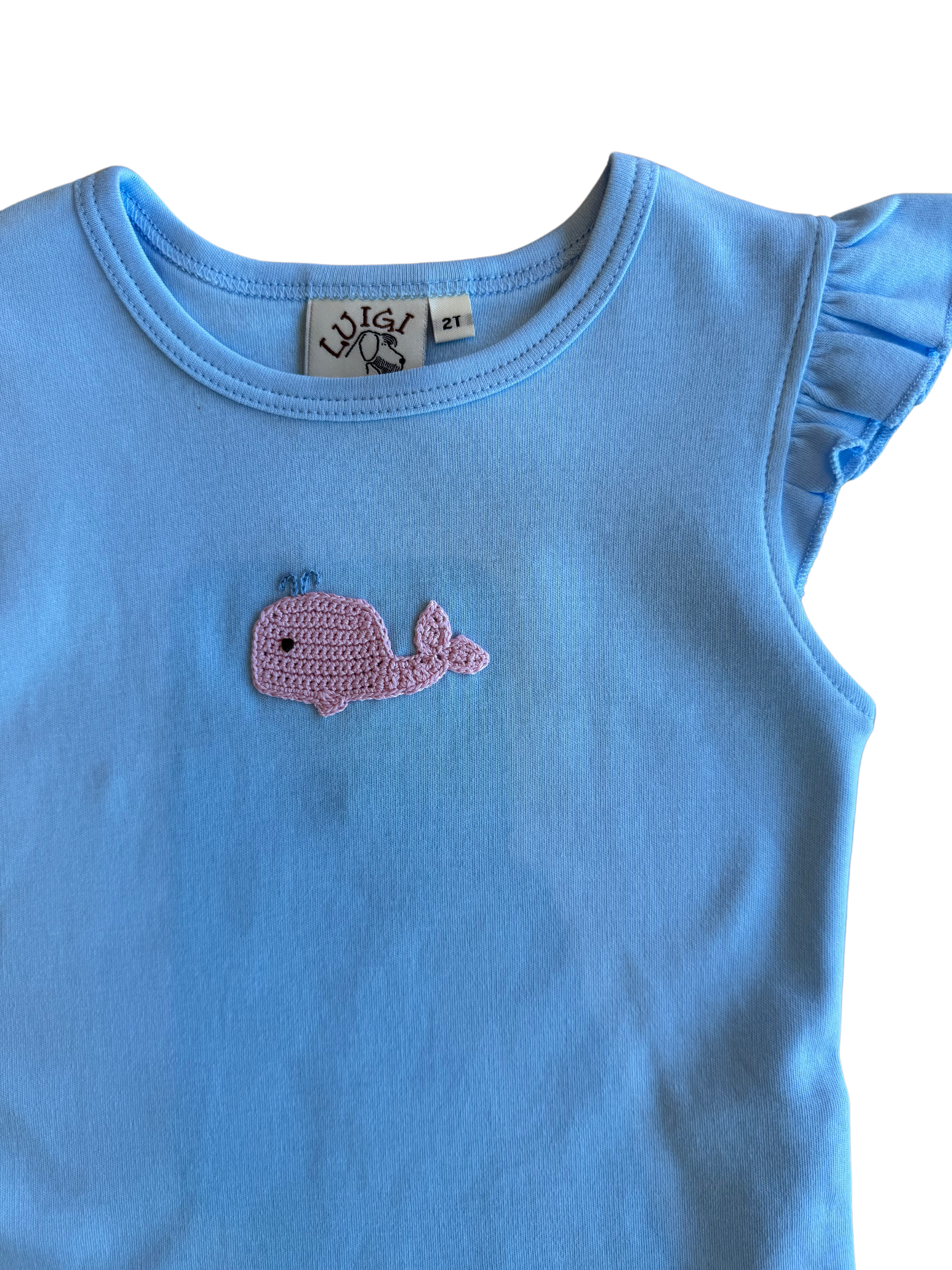 Flutter Sleeve Blue Crochet Whale Top (Toddler)