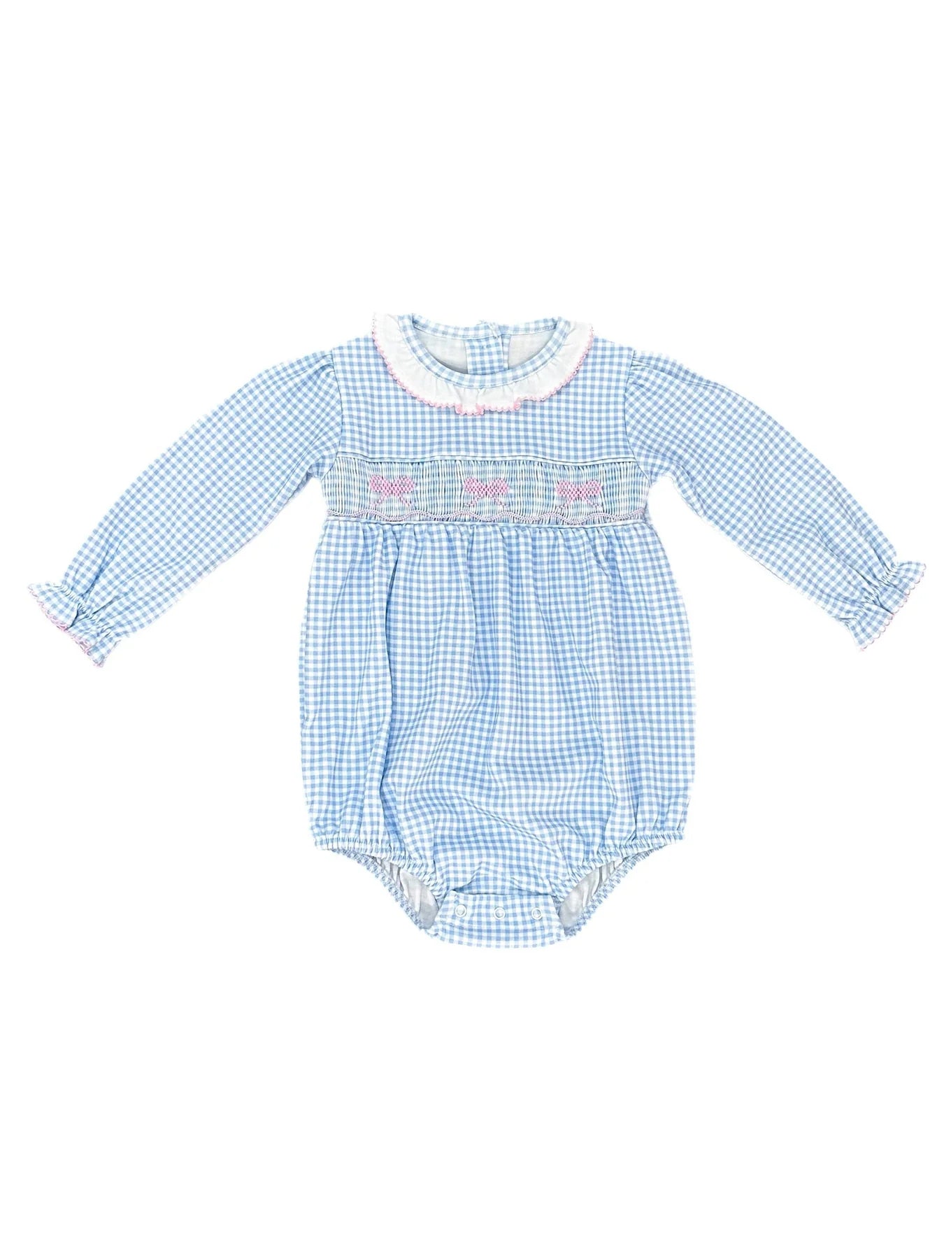 Blue Gingham Knit Wreath Sara Smocked LS Bubble