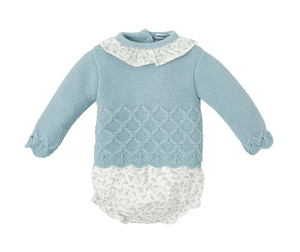 Floral Blue Sweater Bubble with Bonnet (Baby)