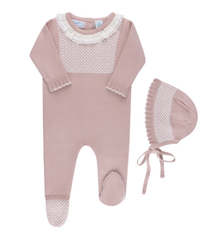 Girls Jacquard Ruffled Knit Romper & Bonnet