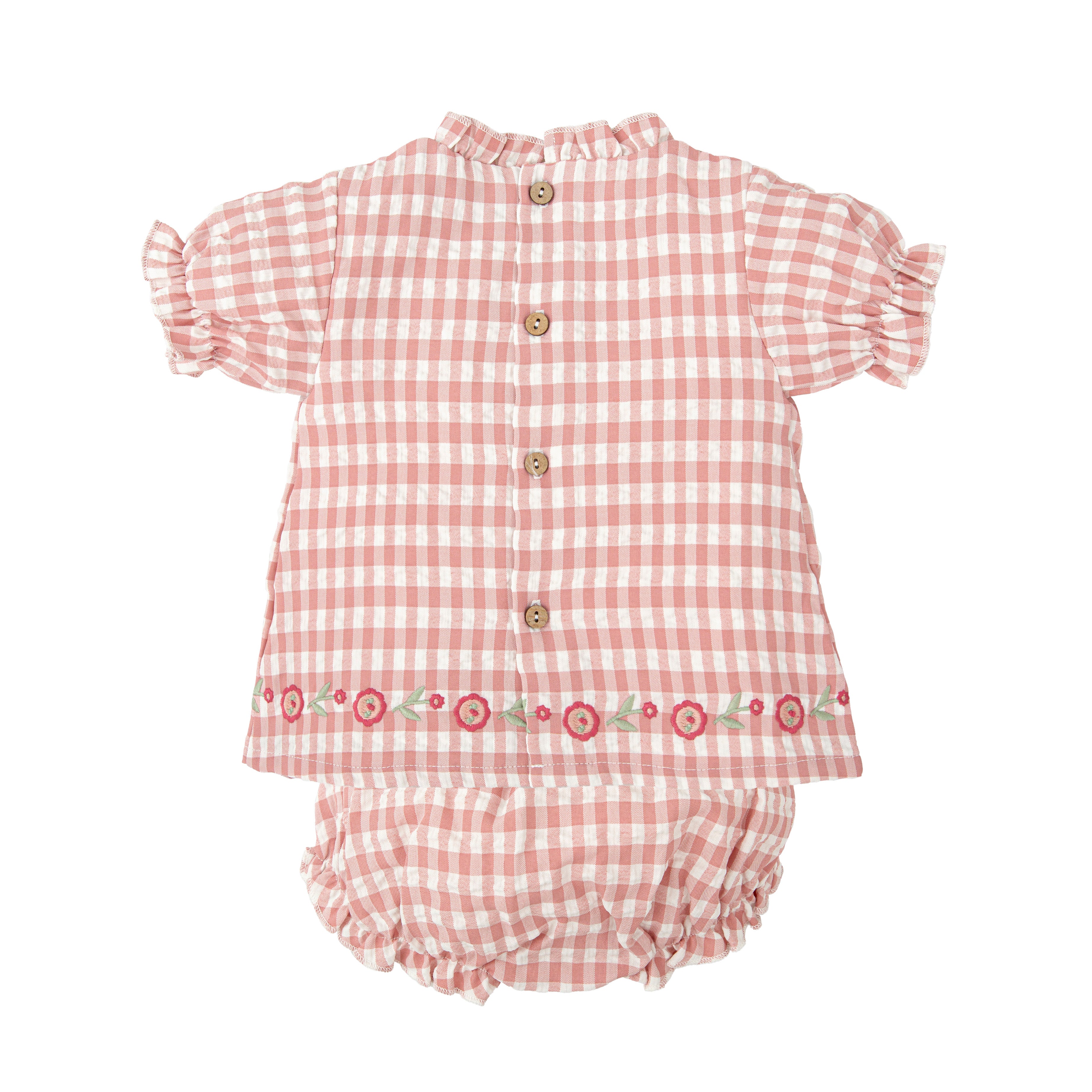 Pink Gingham Set with Bottom Floral Embroidery (Toddler)