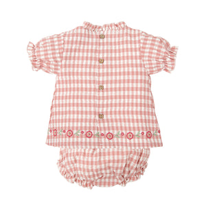 Pink Gingham Set with Bottom Floral Embroidery (Toddler)