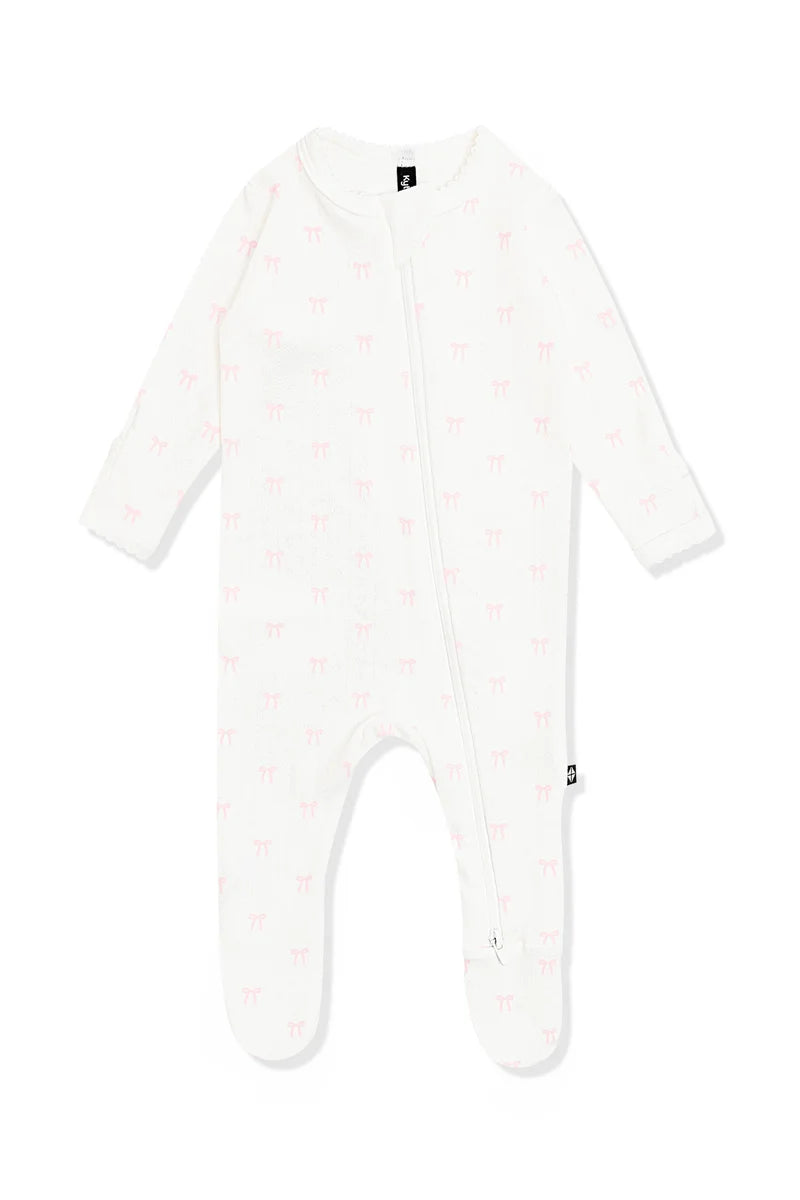 Sweet Pink Bow Pointelle Zippered Footie