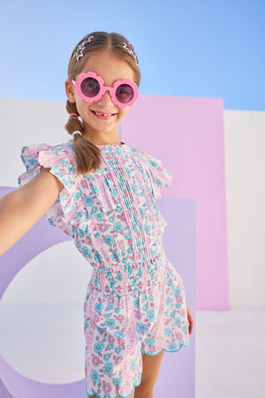 Marguerite Floral Pink Shirred Scallop Shorts