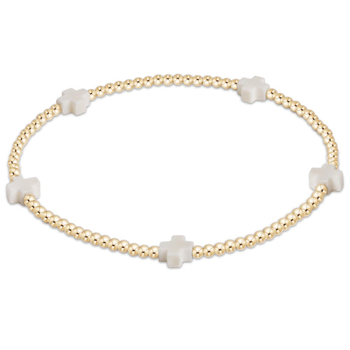 E Newton Signature Cross Small Gold Pattern 2mm Bead Bracelet-Off White