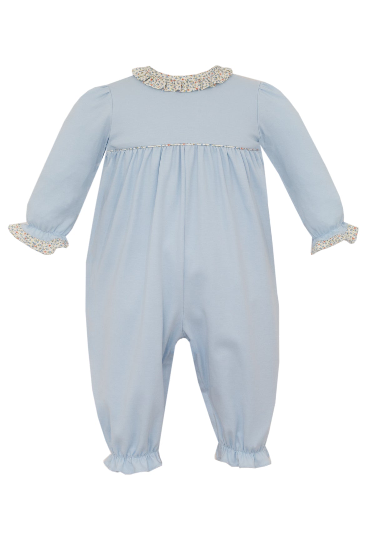 Light Blue Girl's Long Romper w/ Orange Print Ruffle Collar