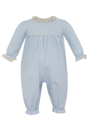 Light Blue Girl's Long Romper w/ Orange Print Ruffle Collar