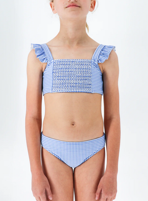Sky Blue Gingham Smocked Ruffle Strap Bikini (Toddler)